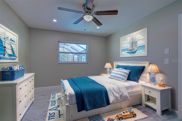 bedroom featuring baseboards, ceiling fan, recessed lighting, and marble finish floor