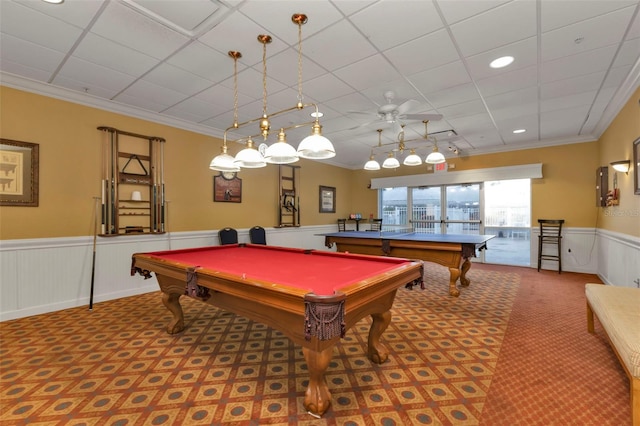 playroom with pool table, ornamental molding, carpet flooring, and ceiling fan