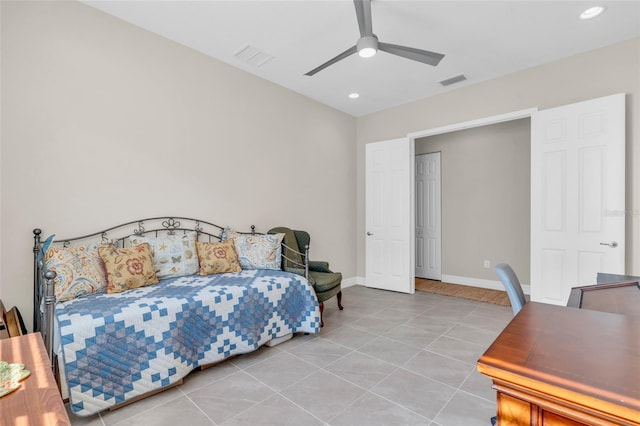 bedroom with light tile patterned floors and ceiling fan