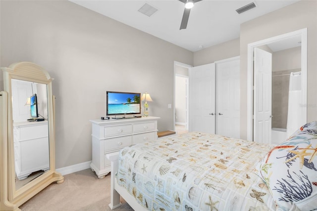 bedroom featuring ceiling fan and light colored carpet