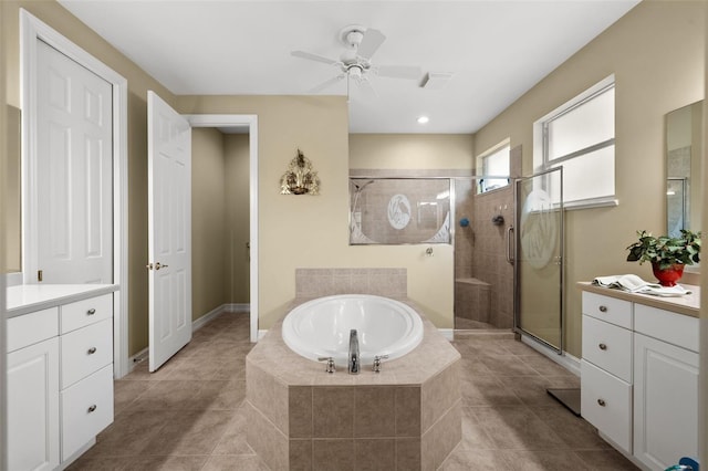 bathroom featuring vanity, ceiling fan, tile patterned floors, and separate shower and tub