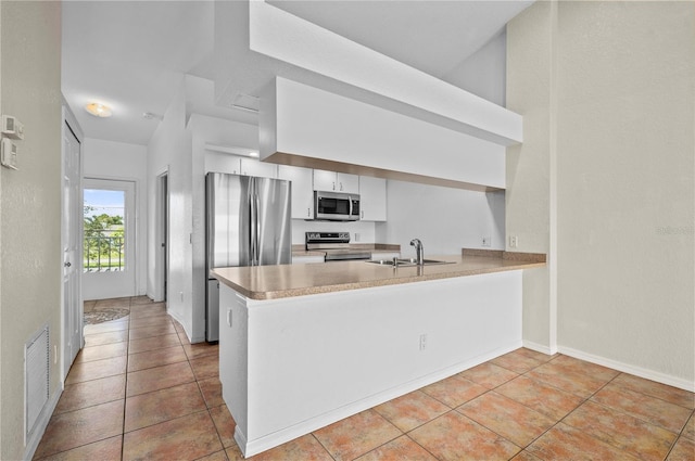 kitchen with white cabinets, appliances with stainless steel finishes, sink, kitchen peninsula, and light tile patterned flooring