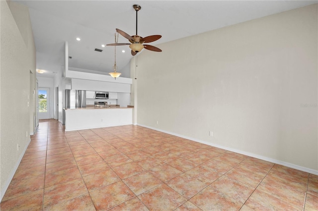 unfurnished living room featuring ceiling fan, light tile patterned flooring, and high vaulted ceiling