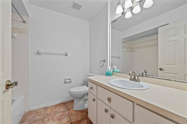 full bathroom featuring shower / bath combination, toilet, vanity, and tile patterned flooring