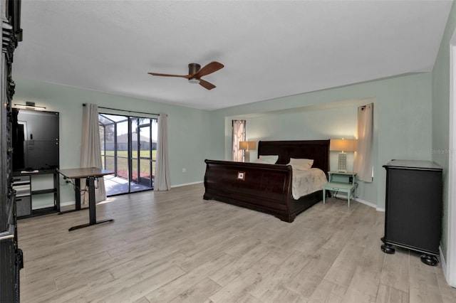 bedroom featuring access to outside, ceiling fan, and light hardwood / wood-style floors