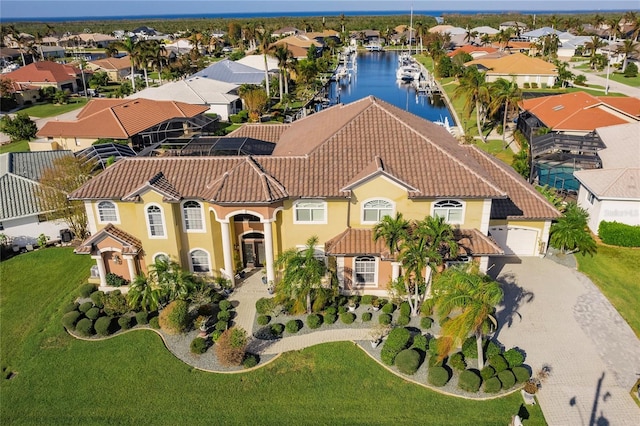 aerial view featuring a water view