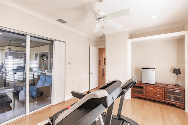 exercise area featuring ornamental molding, hardwood / wood-style flooring, and ceiling fan