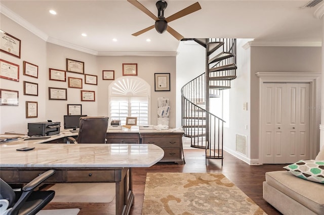 home office with ornamental molding, ceiling fan, and dark hardwood / wood-style flooring