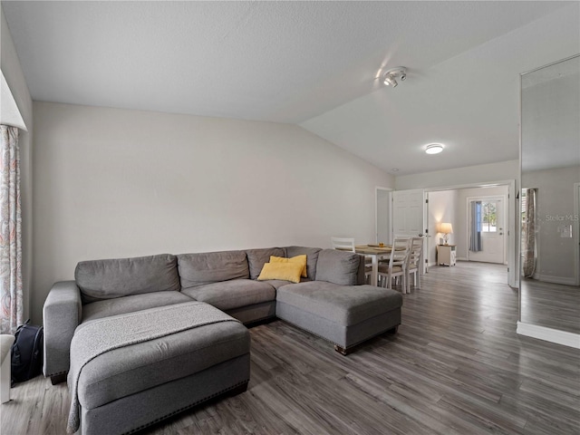 living room with lofted ceiling and dark wood-type flooring