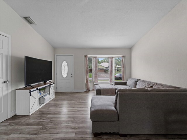 living room with hardwood / wood-style floors and a textured ceiling