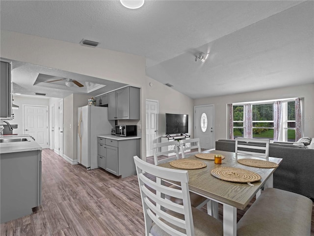 dining space featuring ceiling fan, light hardwood / wood-style flooring, sink, lofted ceiling, and a textured ceiling