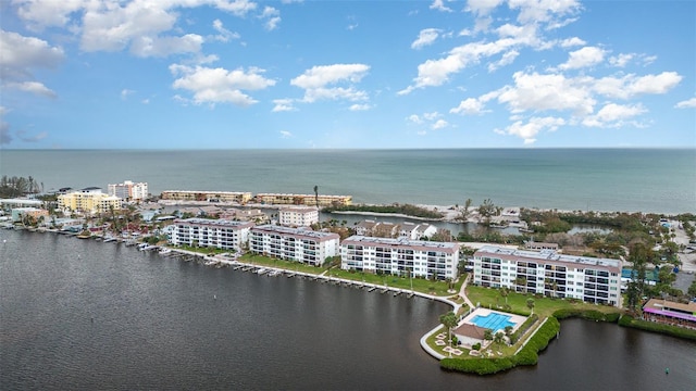 drone / aerial view featuring a water view