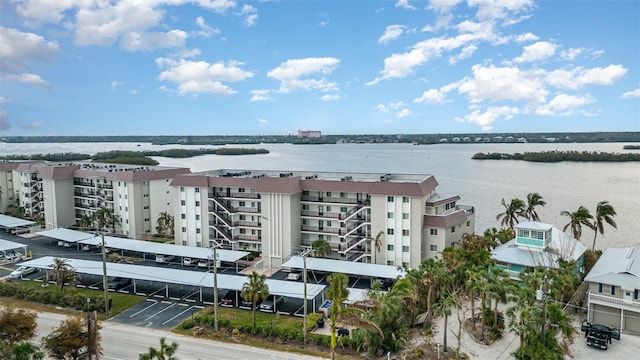 drone / aerial view with a water view