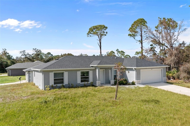 ranch-style house with a front lawn and a garage