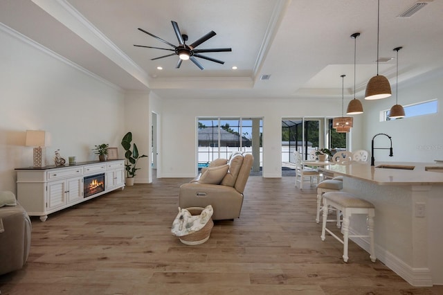 living room with sink, a tray ceiling, light hardwood / wood-style floors, ceiling fan, and ornamental molding