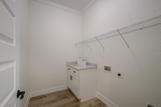 laundry area featuring hookup for a washing machine, light hardwood / wood-style floors, crown molding, and hookup for an electric dryer