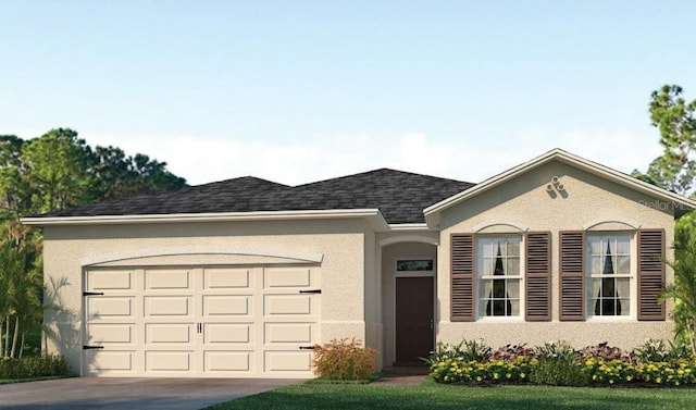 16130 Highgate St, Port Charlotte, FL 33953 - ranch-style home with an attached garage, stucco siding, driveway, and roof with shingles