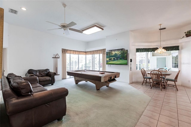 recreation room featuring ceiling fan, billiards, plenty of natural light, and light tile patterned floors