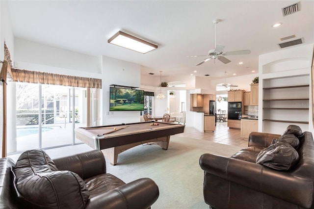 rec room featuring light tile patterned flooring and pool table