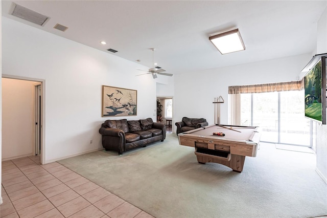 playroom featuring ceiling fan, billiards, light carpet, and a high ceiling