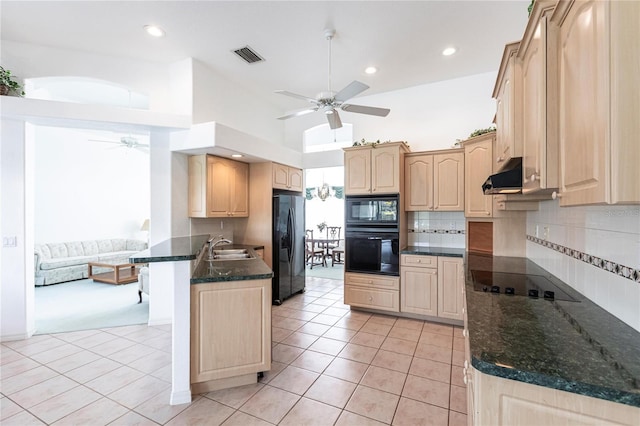 kitchen featuring sink, ceiling fan, black appliances, kitchen peninsula, and light brown cabinets