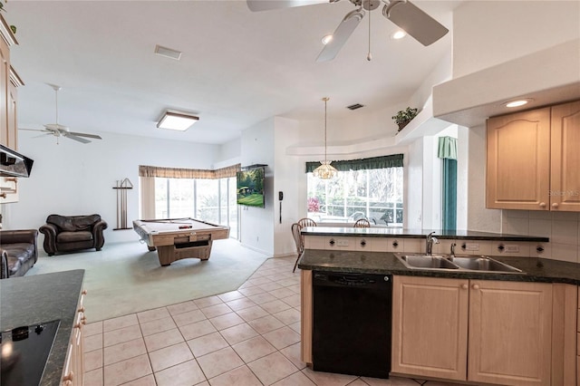 kitchen with light brown cabinetry, sink, pool table, hanging light fixtures, and dishwasher