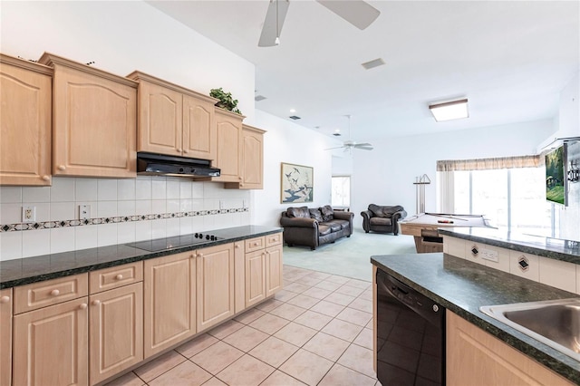 kitchen featuring backsplash, ceiling fan, light brown cabinetry, and black appliances