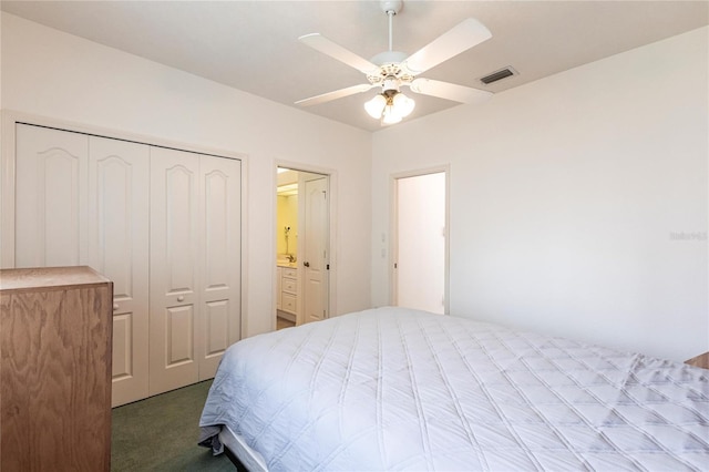 carpeted bedroom with ceiling fan and a closet