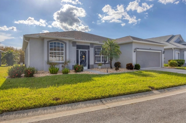 single story home featuring a front yard and a garage