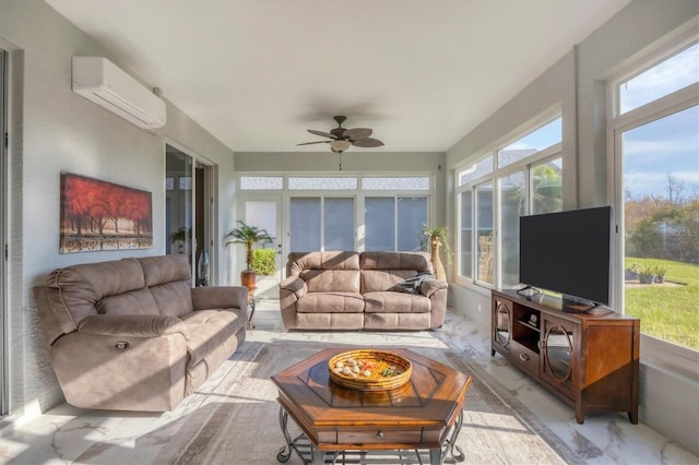 sunroom / solarium featuring ceiling fan and a wall mounted air conditioner