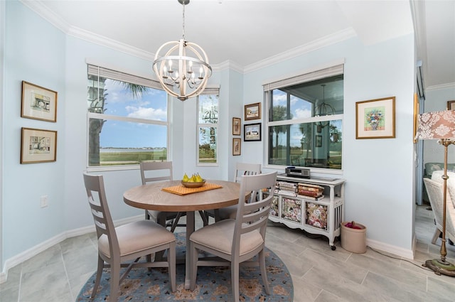 dining area with crown molding and an inviting chandelier