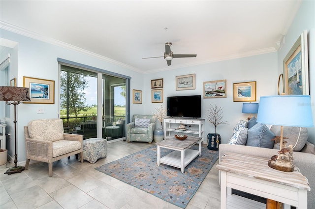 tiled living room with crown molding and ceiling fan