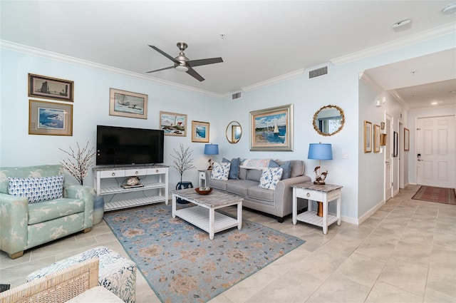 tiled living room with crown molding and ceiling fan