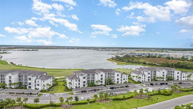 bird's eye view with a water view