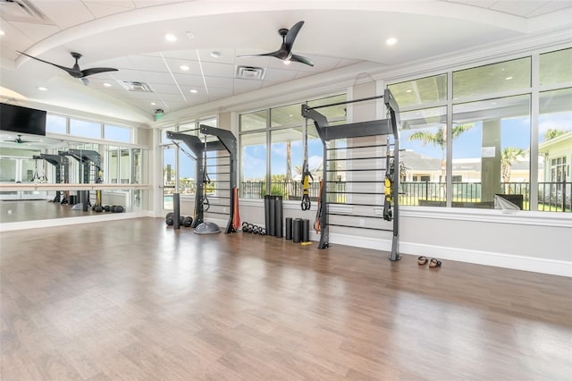 gym with ceiling fan, wood-type flooring, and a wealth of natural light