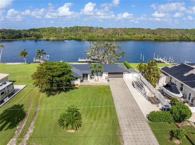 drone / aerial view featuring a water view