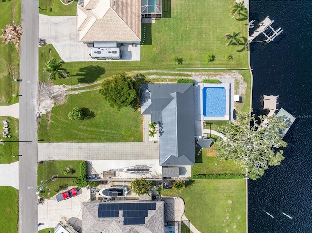 drone / aerial view with a water view