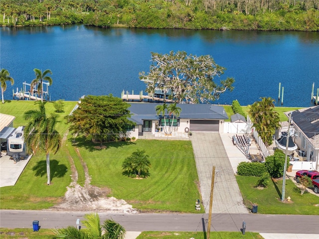 drone / aerial view with a water view