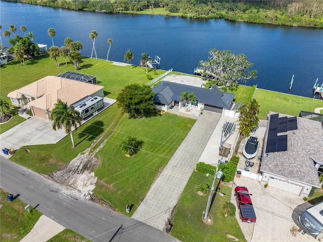 drone / aerial view featuring a water view