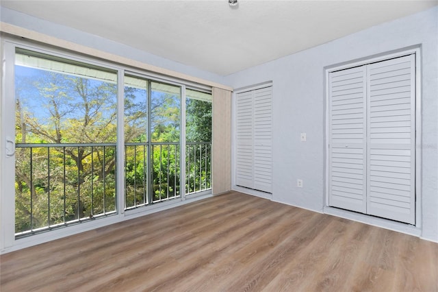 unfurnished bedroom featuring two closets, multiple windows, and light wood-type flooring