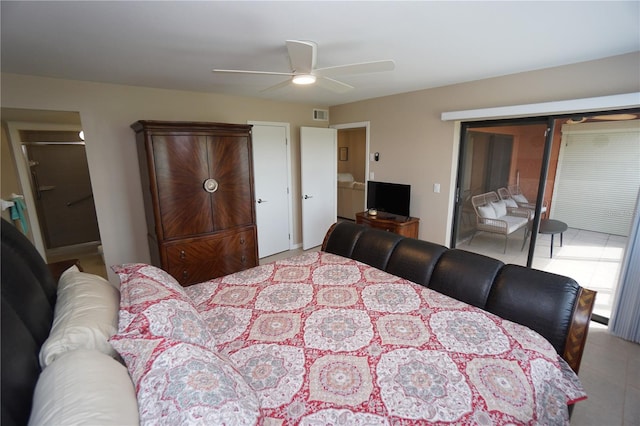 bedroom with ceiling fan and ensuite bath