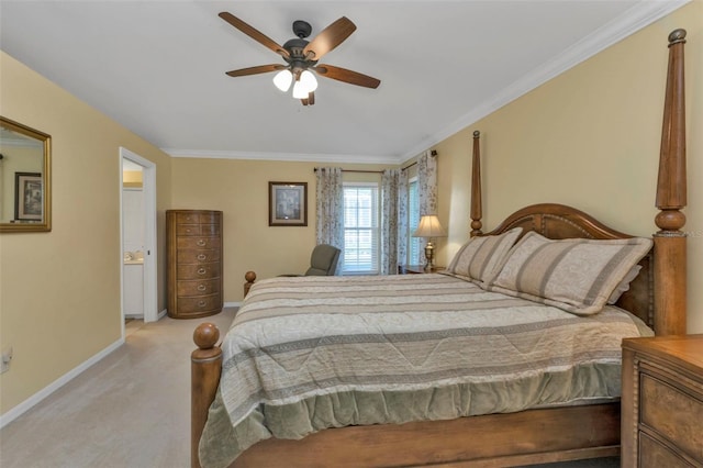 bedroom featuring light carpet, crown molding, and ceiling fan