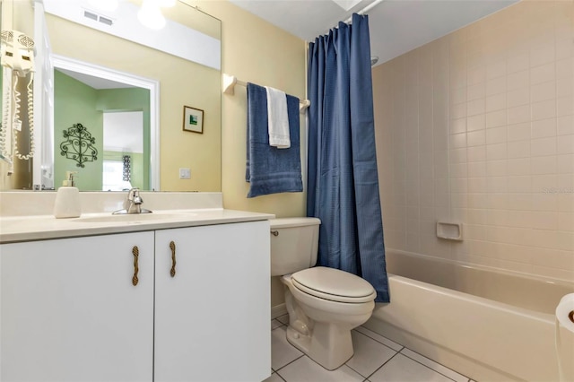 full bathroom featuring toilet, vanity, shower / bathtub combination with curtain, and tile patterned floors