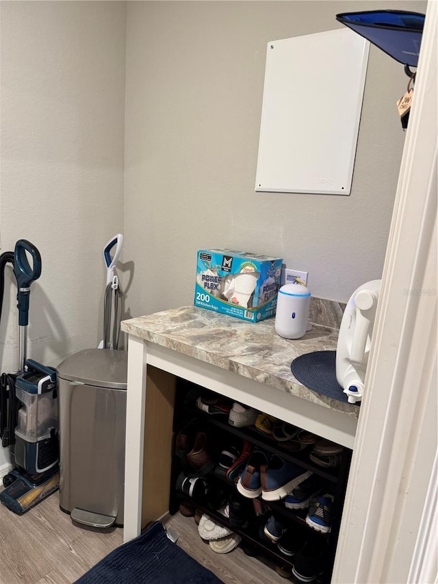 clothes washing area featuring light hardwood / wood-style floors