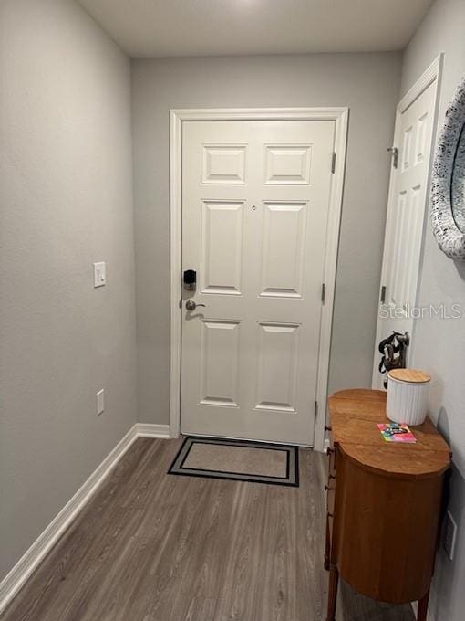 doorway to outside featuring dark wood-type flooring