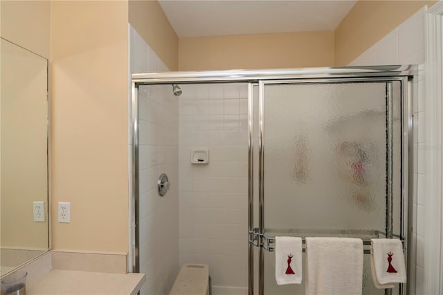 bathroom featuring a shower with shower door