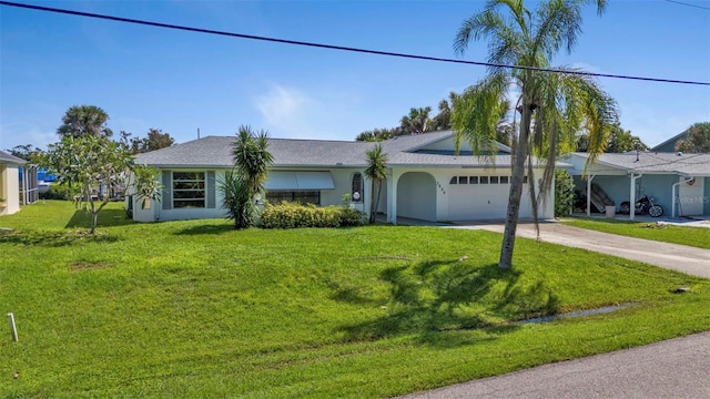 ranch-style house featuring a front yard and a garage