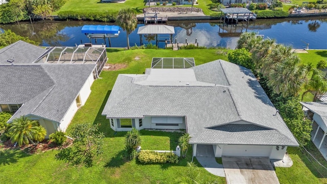 drone / aerial view featuring a water view