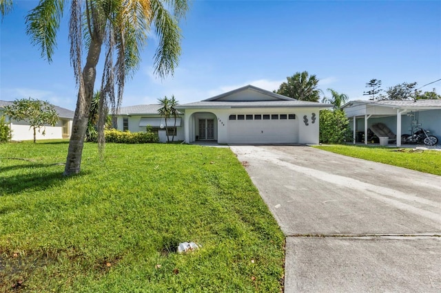 single story home featuring a front yard and a garage