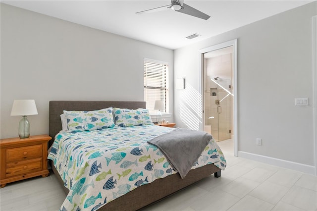 bedroom featuring ensuite bathroom and ceiling fan